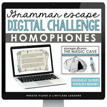Preview of Homophones Escape Room Digital Grammar Activity, Google Slides, and Quiz