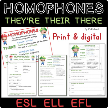 Preview of HOMOPHONES They're Their There  PRINT and DIGITAL activities + self-grading