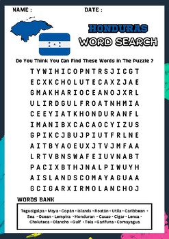 HONDURAS Word Search Puzzle Worksheet (Activity) by The Teaching Paradise