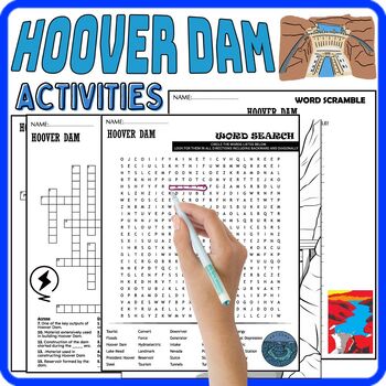 Preview of HOOVER DAM Worksheets,Vocabulary,Coloring,Wordsearch & Crosswords, US LANDMARKS