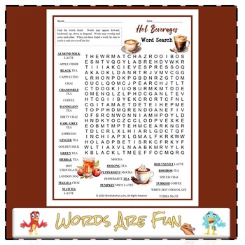 Preview of HOT BEVERAGES Word Search Puzzle Handout Fun Activity