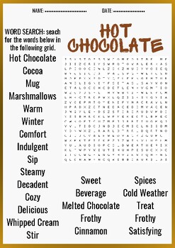HOT CHOCOLATE word search puzzle worksheet activity by PUZZLES FOR YOU