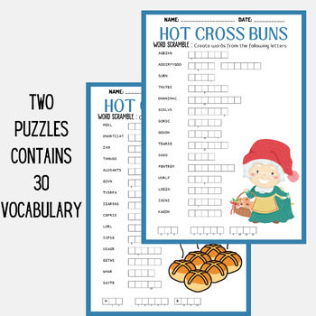 HOT CROSS BUNS word scramble puzzle worksheet activity by Mind Games Studio