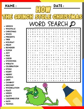 HOW THE GRINCH STOLE CHRISTMAS Word Search Puzzle Activities by Kids ...