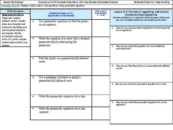 Preview of HPC: CU 9: Parametric EQ, Polar Coord., & Complex #s: Standard, Objectives, LEQs