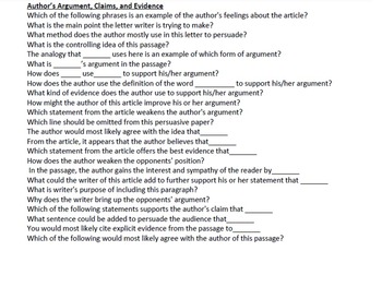 Preview of HS Common Core Guided Reading Questions for Reading, Language, and Writing