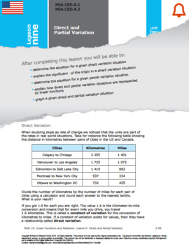 Preview of HSA: Linear Functions&Relations:L9: Direct & Partial Variation HSA.CED.A.1&2