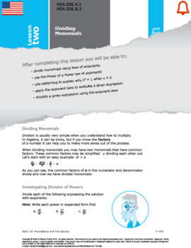 Preview of HSA: Polynomials & Factoring: L2: Dividing Monomials HSA.SSE.A.1&B.3