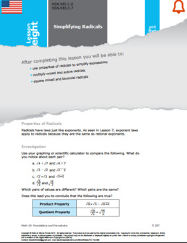 Preview of HSN: Rational&Radical Expressions: L8: Simplifying Radicals HSN.RN.A.1&2