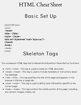 Preview of HTML Cheat Sheet Printable