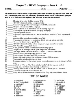 HTML Language - High School Computer Science - Matching Worksheet - Form 1