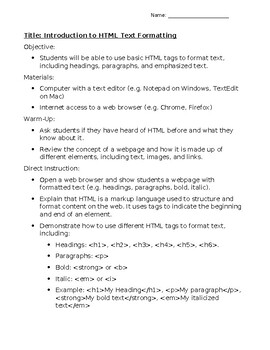 Preview of HTML Text Introduction Lesson Plan & Worksheet