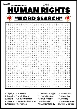 Preview of HUMAN RIGHTS WORD SEARCH Puzzle Middle School Fun Activity Vocabulary