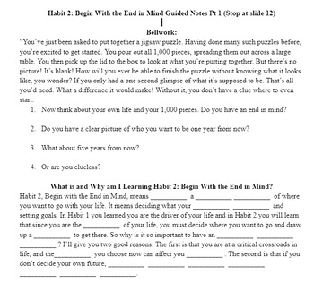 Preview of Habit 2: Begin With the End in Mind Guided Notes Pt 1