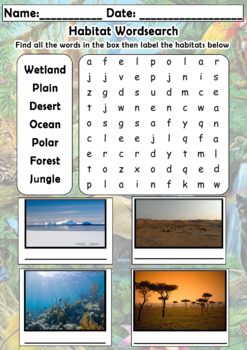 Preview of Habitats - Word Search and Label