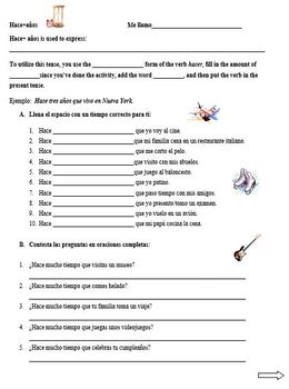 Hace+anos- Hacer + time Spanish Practice Sheet or Worksheet by LilaFox