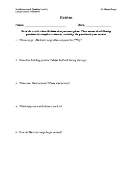 Preview of Hadrian Article (Level 2) Comprehension Worksheet
