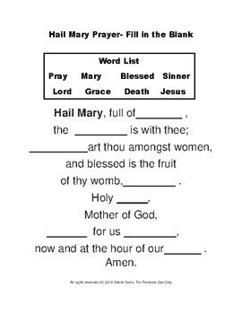 Preview of Hail Mary- Fill in the Blank Worksheet