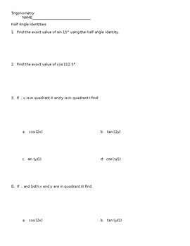 Preview of Half Angle Identities Worksheet and Answers
