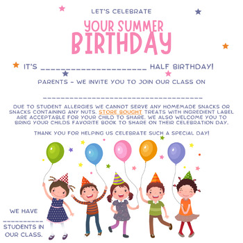 Preview of Half-Birthday Invite for Summer Birthdays, Invite for Parents, Preschool, Kinder