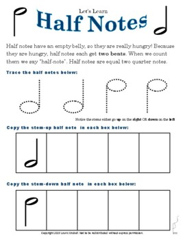 Preview of Half Note Trace Worksheet - Learning Half Notes for Beginning Music Students