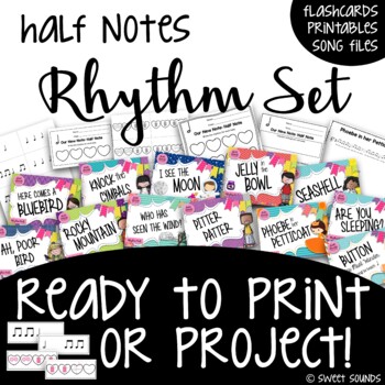 Preview of Half Notes Rhythm Activities - Worksheets, Flashcards, and Songs