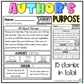 Author's Purpose Reading Comprehension Worksheets by Kinders Hero