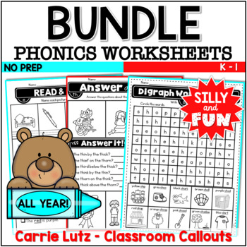 Preview of No Prep Phonics Worksheets – Bundle First Grade Reading