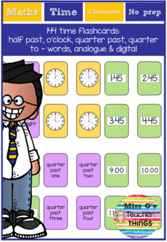 Preview of Time flashcards: o'clock half past quarter past and to - words analogue digital