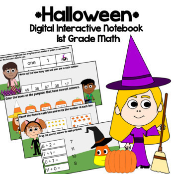 Preview of Halloween 1st Grade Interactive Notebook Google Slides | Math Skills Review