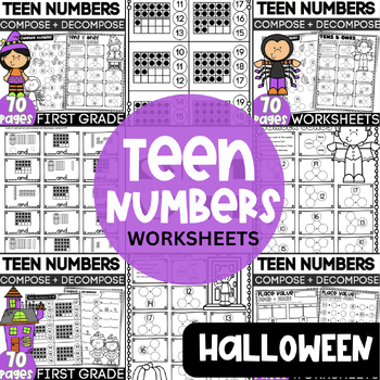 Preview of Frightfully Fun: 1st Grade Halloween Math Worksheets for Teen Numbers