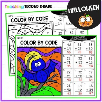 Halloween 2 Digit Addition - Without Regrouping Color Code Math Morning 