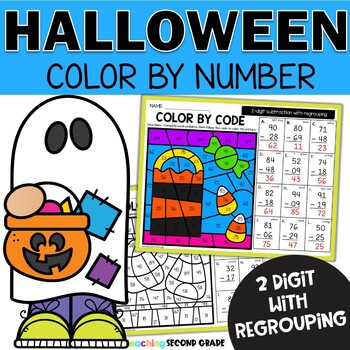 Preview of Halloween 2 Digit Subtraction With Regrouping Color by Number Morning Work 2nd
