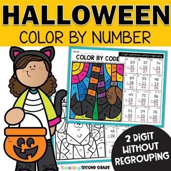 Preview of Halloween 2 Digit Subtraction - Without Regrouping Color by Number Busy Work Oct