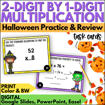 Preview of Halloween 2 Digit by 1 Digit Multiplication Task Cards - October Review Activity