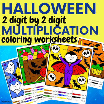 Preview of Halloween 2 Digit by 2 Digit Multiplication Color by Number Coloring Worksheets