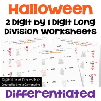 Preview of Halloween 2 digit by 1 digit Long Division Worksheets - Differentiated