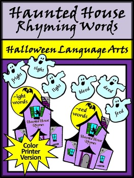 Preview of Halloween Phonics Activities: Haunted House Rhyming Words Activity - Color