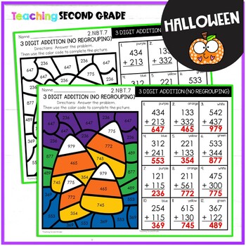 Halloween 3 Digit Addition w/out regrouping Color by Number Worksheets ...