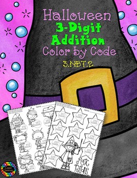 Preview of Halloween 3-Digit Addition with Regrouping Color-by-Code Printables