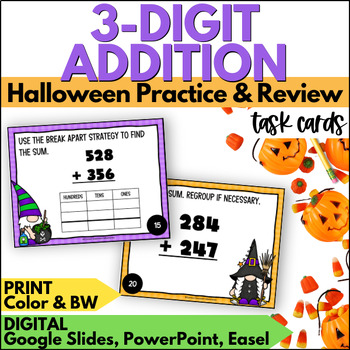 Preview of Halloween 3 Digit Addition with Regrouping Task Cards Activity - October Review