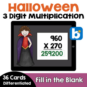Preview of Halloween 3 Digit Multiplication Boom Cards | Self Correcting Digital Task Cards