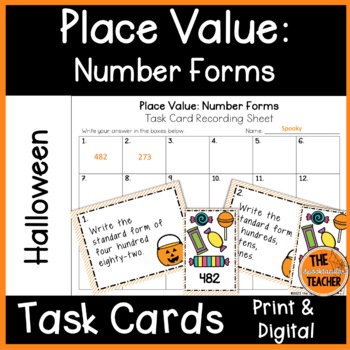 Preview of Halloween 3 Digit Place Value Number Forms Task Cards Print and Digital