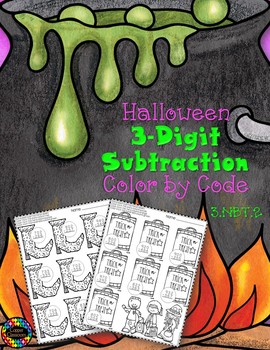 Preview of Halloween 3-Digit Subtraction with Regrouping Color-by-Code Printables