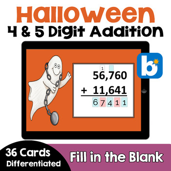 Preview of Halloween 4 and 5 Digit Addition Boom Cards | Self Correcting