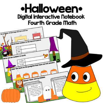Preview of Halloween 4th Grade Interactive Notebook Google Slides | Math Skills Review