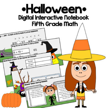 Preview of Halloween 5th Grade Interactive Notebook Google Slides | Math Skills Review