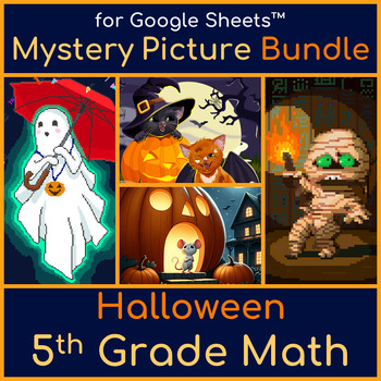 Preview of Halloween 5th Grade Math Review Mystery Picture Pixel Art Bundle