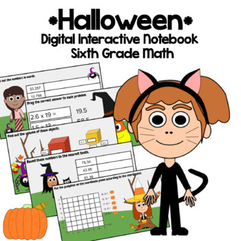Preview of Halloween 6th Grade Interactive Notebook Google Slides | Math Skills Review