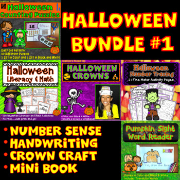 Preview of Halloween Activities Bundle: Kindergarten Math Worksheets, Coloring Pages, Trace